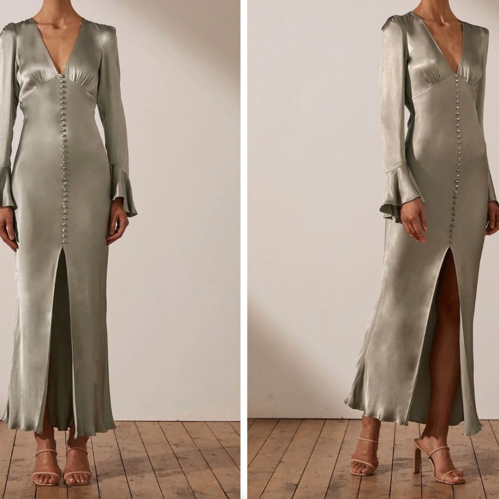 Shona Joy La Lune Frill Cuff Bias Midi Dress in Sage/ green